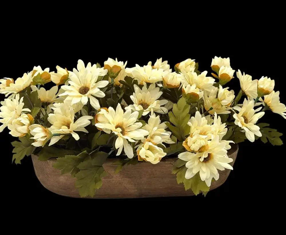 Silkcraft Of Oregon Faux Daisies Flower Arrangement Rustic Carved Wood Planter